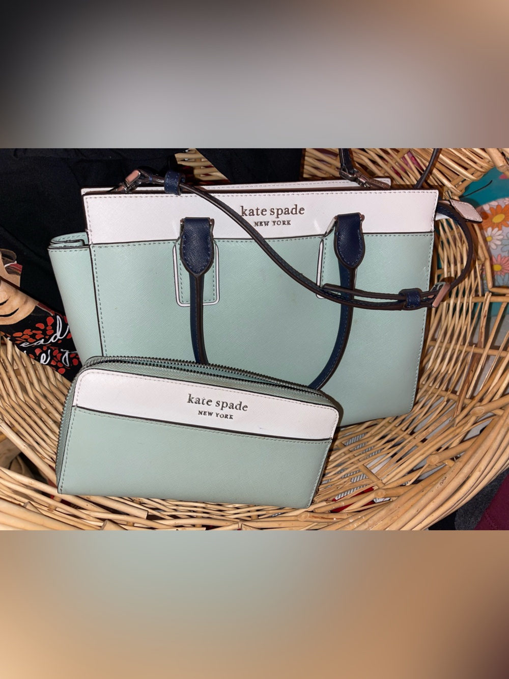 kate spade Mint, White & Navy Handbag with Matching Wallet